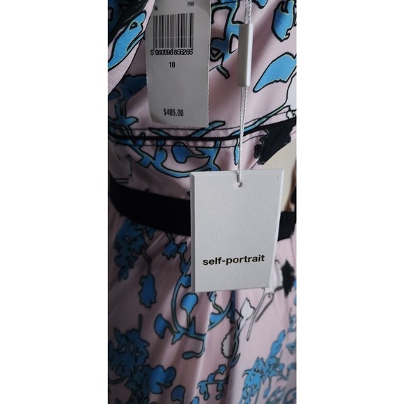 $405 Self Portrait Asymmetric Pink Floral Print Midi A Line Dress Size 10 NWT - Picture 10 of 16